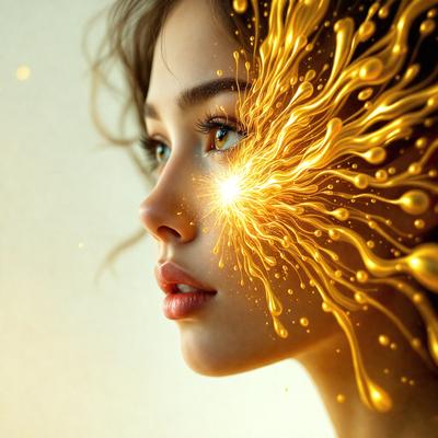 The primary subject of the image is a woman with a beautiful face. She is the main focus of the image. The setting is a white background, which provides a clean and minimalistic environment. The visual style is a combination of photo and digital art, creating a unique and artistic representation of the woman. The colors and mood of the image are predominantly warm and inviting, with the woman's face being the main source of light and warmth.